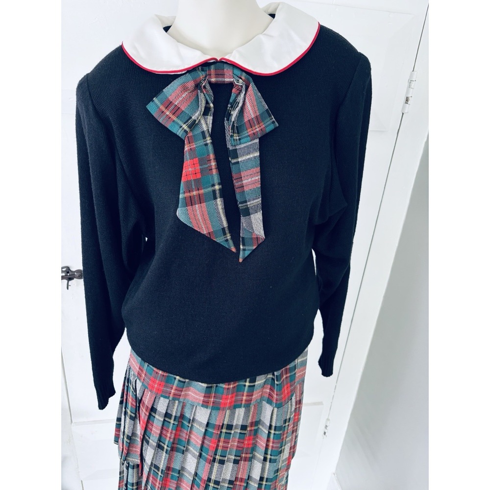 Vintage 80s Tartan Plaid 2pc Skirt Set Black Sweater Pleated Tiered Holiday 7/8 - Picture 1 of 15